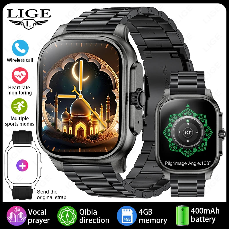 LIGE New Smart Watch with Qibla Pointer Voice Prayer MUSLIM Watch 400mAh Sport Bluetooth Call 2.01" HD Display Smartwatch Men