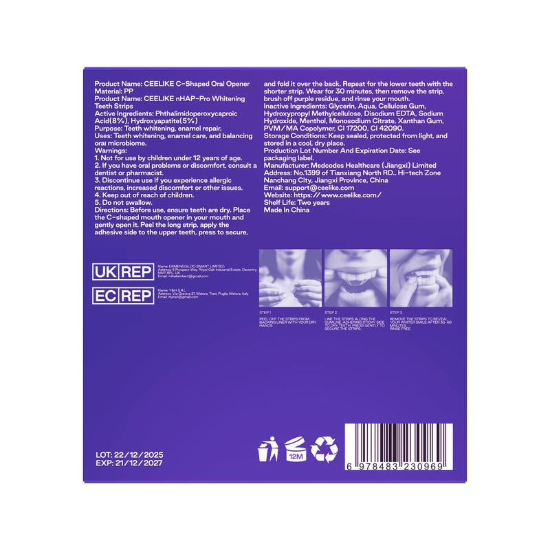 CEELIKE Purple Teeth Whitening Strips with Free Cheek Retractor - 7/21 Whitening Sessions -Nano-Hydroxyapatite Safe for Enamel - Non Sensitive Teeth Whitening - Peroxide-Free