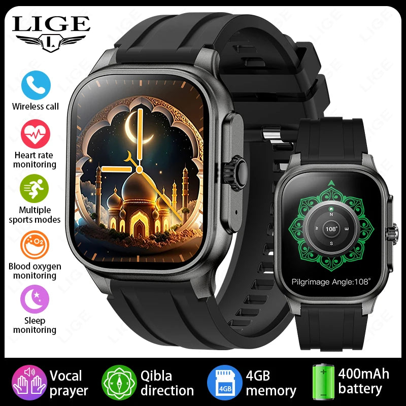 LIGE New Smart Watch with Qibla Pointer Voice Prayer MUSLIM Watch 400mAh Sport Bluetooth Call 2.01" HD Display Smartwatch Men