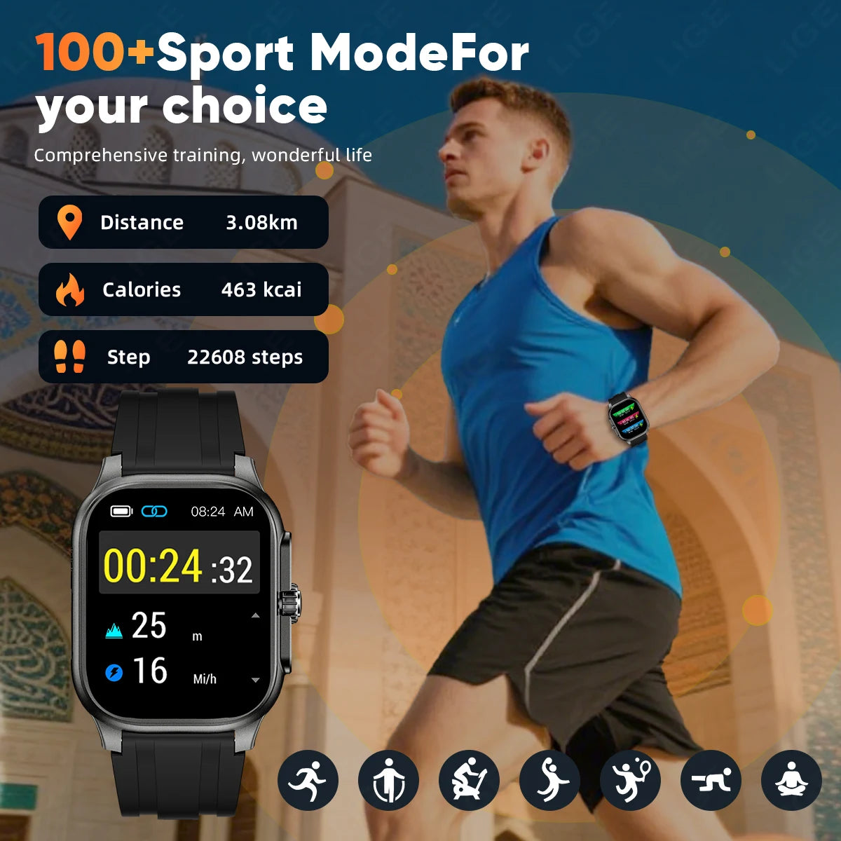 LIGE New Smart Watch with Qibla Pointer Voice Prayer MUSLIM Watch 400mAh Sport Bluetooth Call 2.01" HD Display Smartwatch Men