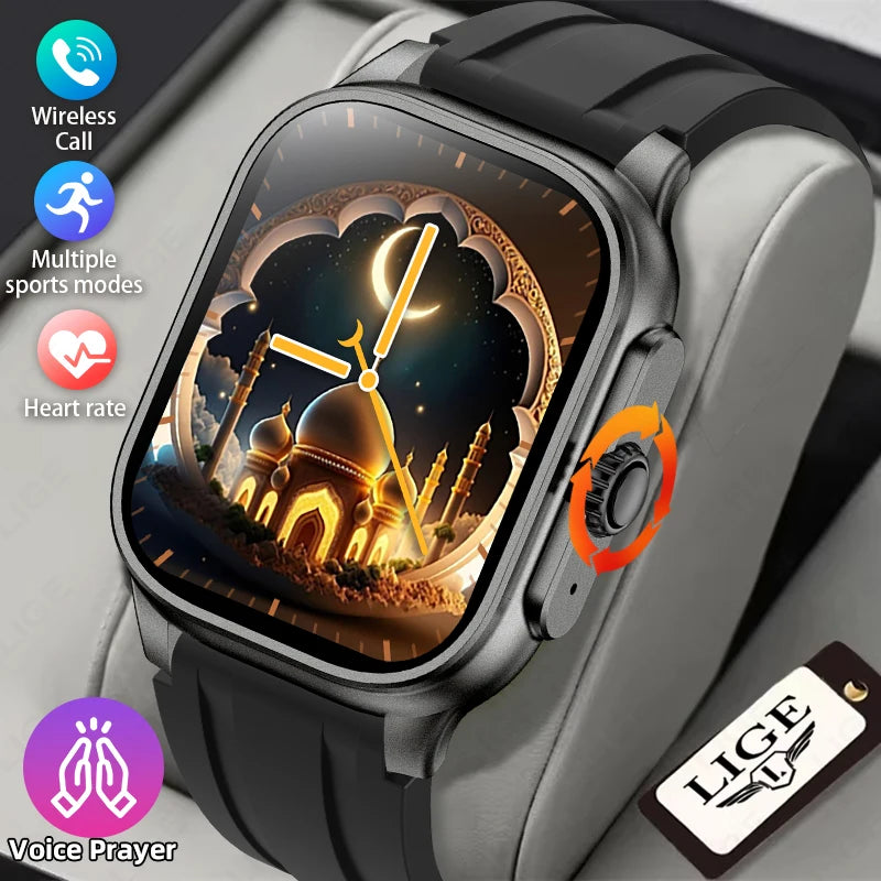 LIGE New Smart Watch with Qibla Pointer Voice Prayer MUSLIM Watch 400mAh Sport Bluetooth Call 2.01" HD Display Smartwatch Men
